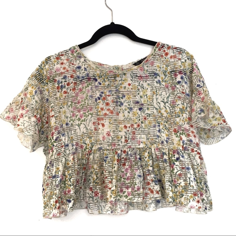 [ZARA] Floral Sheer Ruffled Button Down Crop Top S